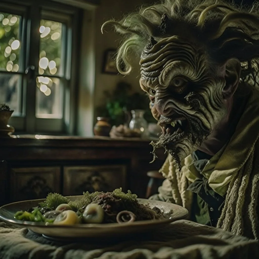 Strong texture, photorealism, Caravaggio, Arcimboldo. Intricate patterns, hypermaximalist. Photo made of inside house, an eerily mysterious, hidden and odd person is eating, a witchy house, sober style, pastel colors. Movie shot, spooky. Sinister scribbles, 33mm photography. Beasts