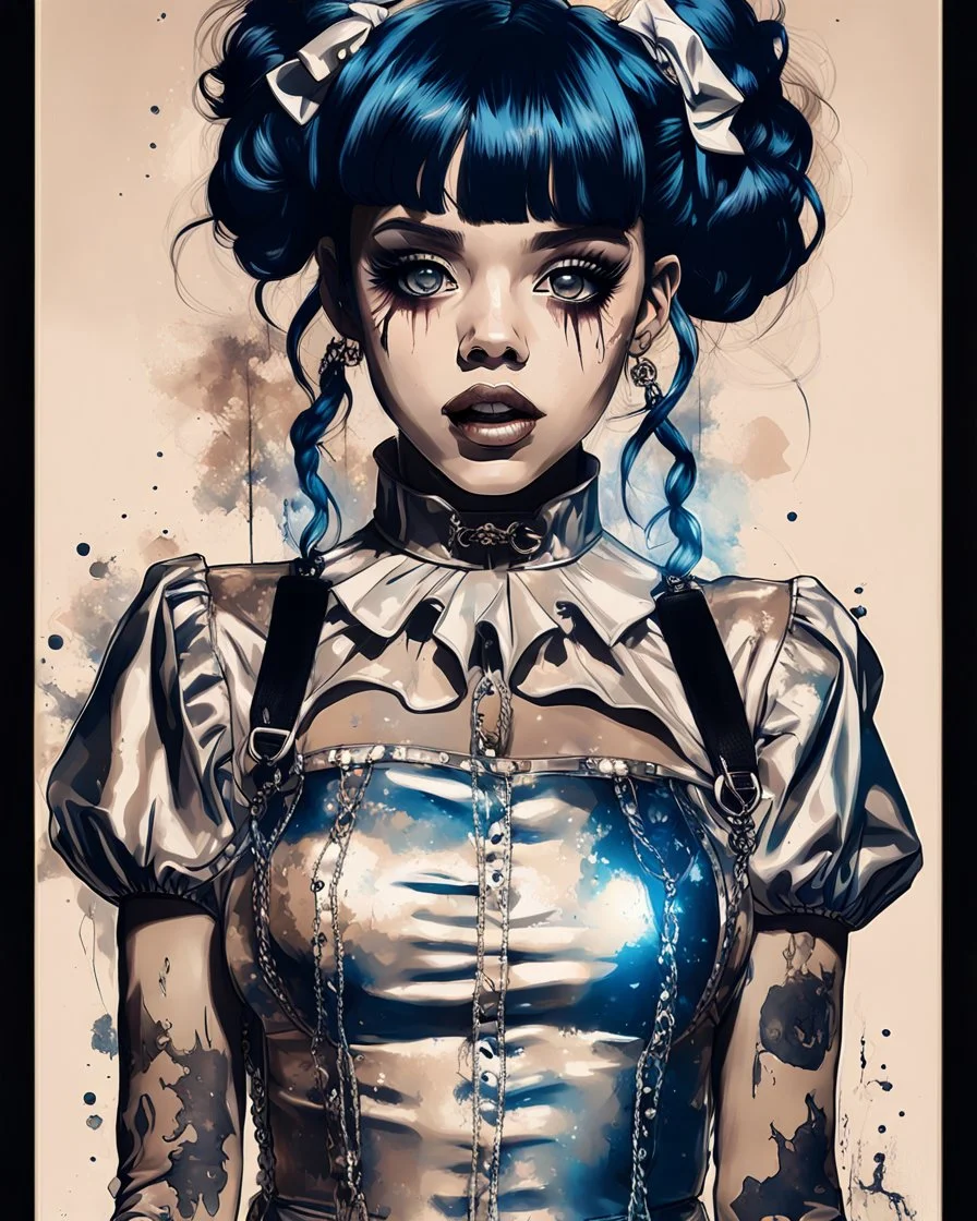 Poster in two gradually, a one side the Singer Melanie Martinez face, full body, painting by Yoji Shinkawa, darkblue and sepia tones,sinister, detailed iridescent, metallic, translucent, dramatic lighting, hyper futuristic, digital art, shot with Sony Alpha a9 Il and Sony FE 200-600mm f/5.6-6.3 G OSS lens, natural light, hyper realistic photograph, ultra detailed -ar 3:2 -q 2 -s 750,malevolent goth vampire girl face and other side