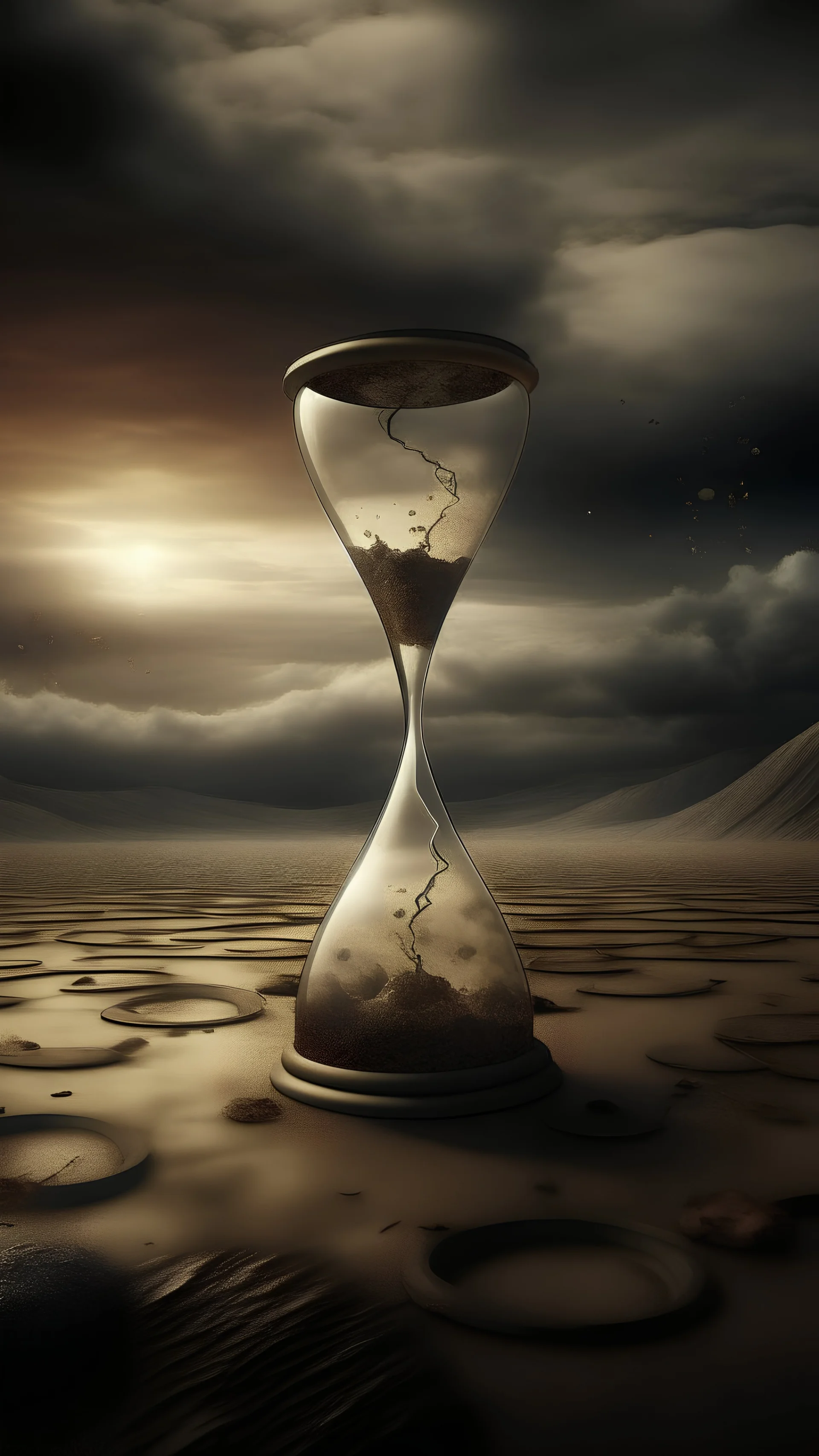 hourglass in front, a nuclear explosion in the background, and the beginning of a new geological era