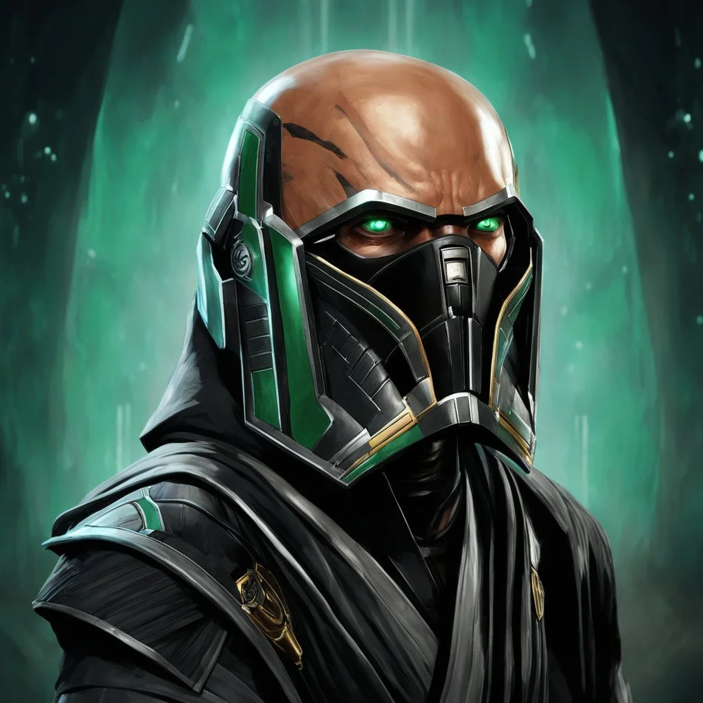 star wars bald male corellian jedi pilot wearing gunmetal grey and black old republic armored robes with gold trim inside the jedi temple holding a lightsaber with viridian green blade in left hand, centered head and shoulders portrait, hyperdetailed, dynamic lighting, hyperdetailed background, 8k resolution, volumetric lighting, light skin, fully symmetric details