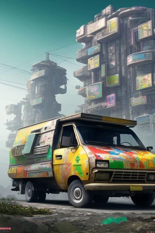 cyberpunk, ghana flag, trotro, village, 8k quality