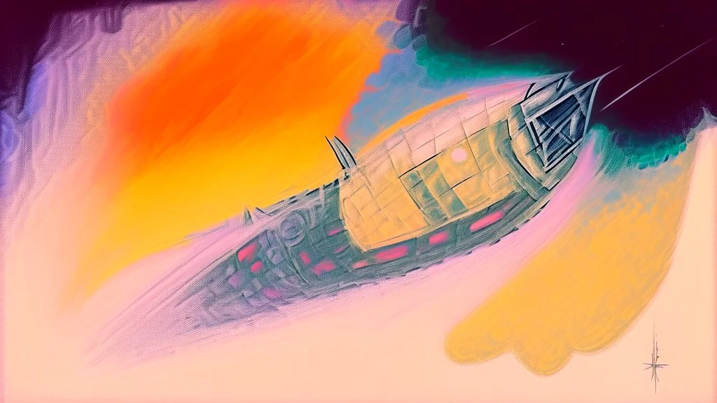 A spaceship leviating object in it, watercolour painting