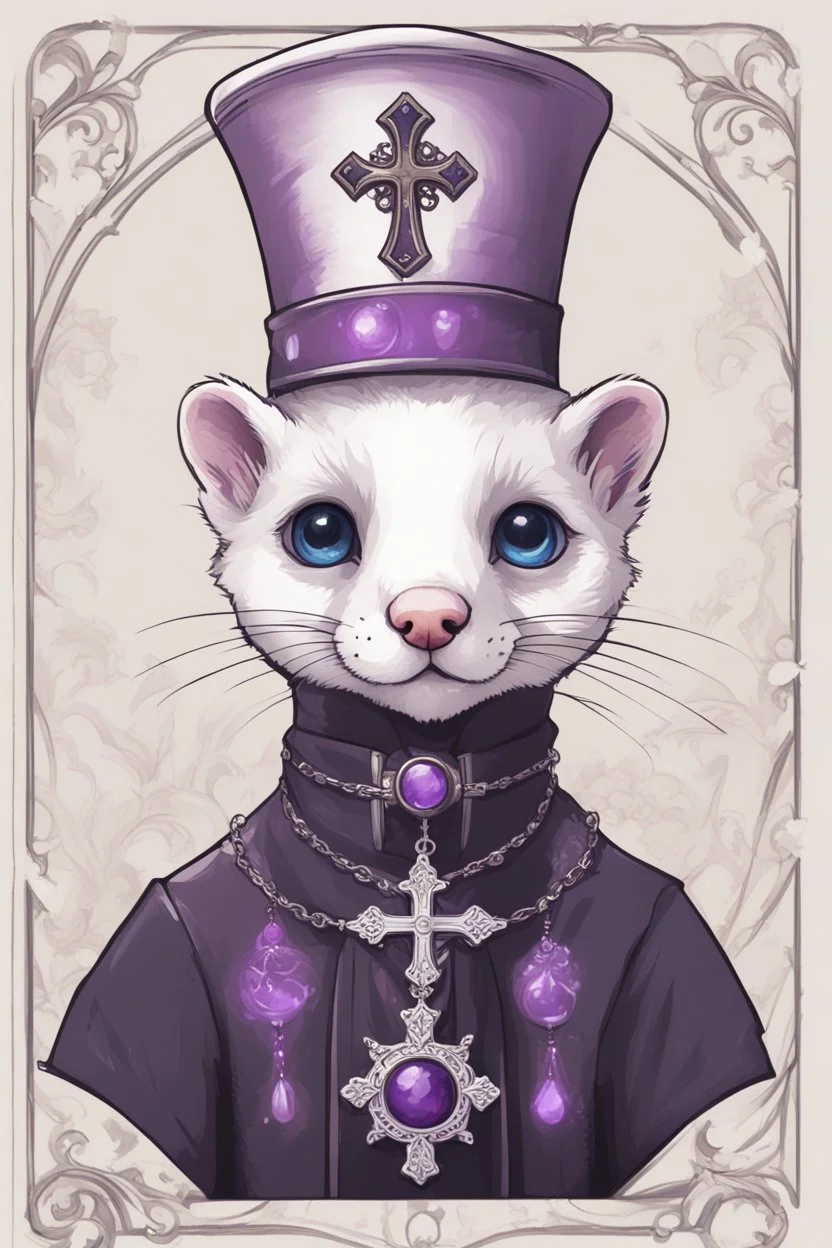 (anthropomorphic white ferret),dressed in ((cleric fantasy)) black and purple clothes with silver holy ornaments, realistic anatomy, holy symbols around, serious face, hold holy cross symbol, tired face, in the style of LOISH, look at the vivewer, blue eyes, cute face, 2d, ink lines, fantasy inspire, fantasy church on background with sunshine, gloomy atmosphere