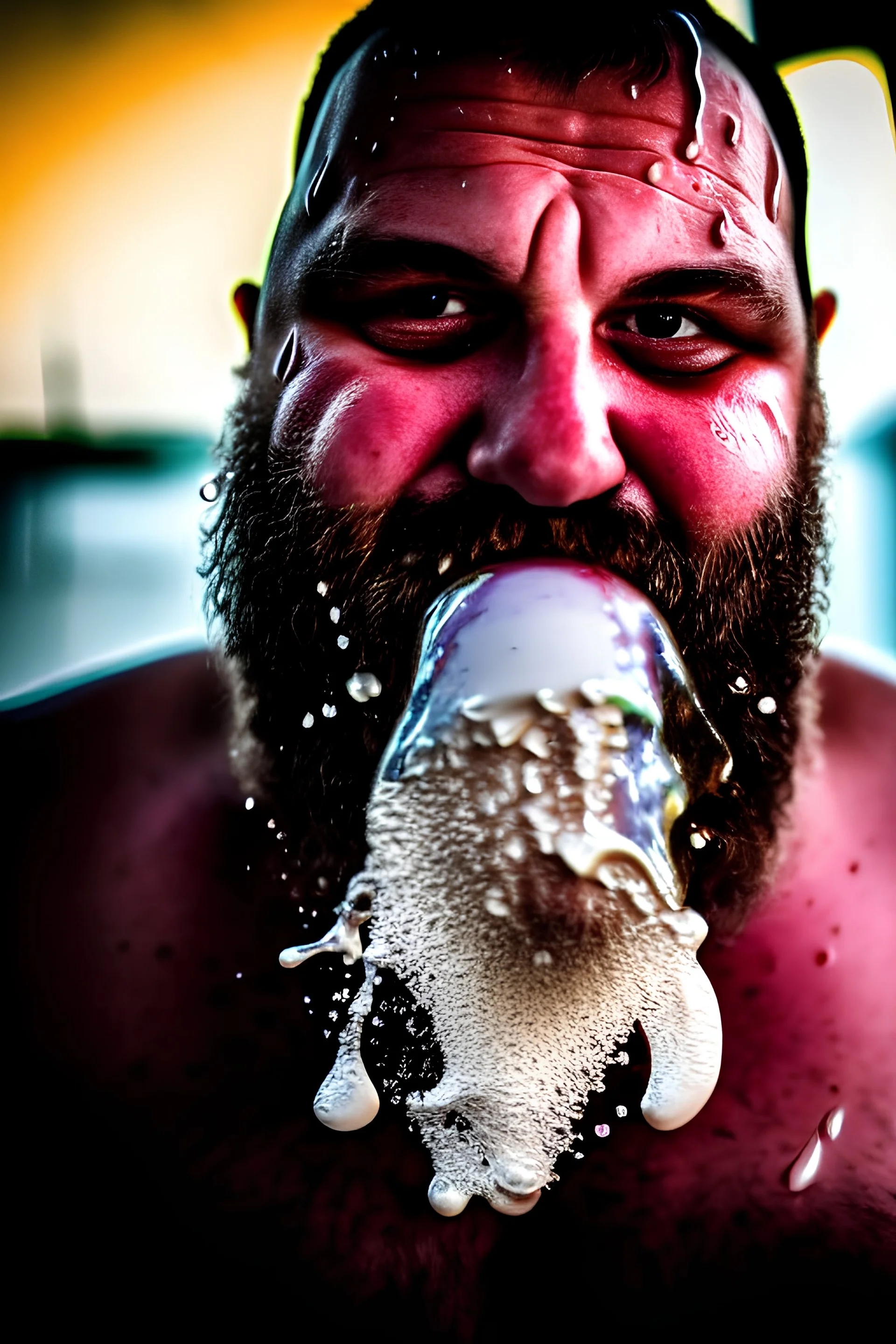 close up photography, dirty burly chubby Italian strong 48 years old homeless man, full of splashing milk in the face dripping on the beard, with dirty tank top, emotional eyes, manly chest, photo, Canon EOS, lens 35mm, natural lights, 8K, in the morning