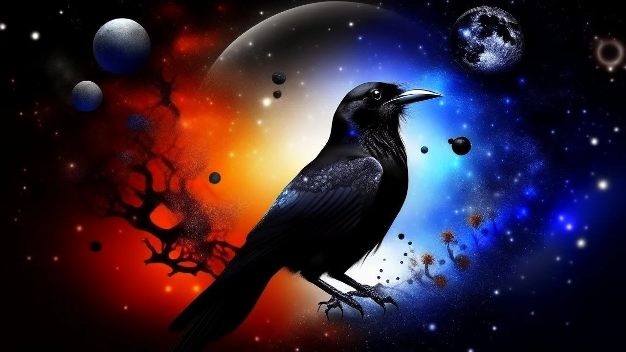 Crow in a space an the background of planets, souls, tree of life