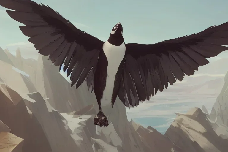 penguin flying in the sky with his two wings