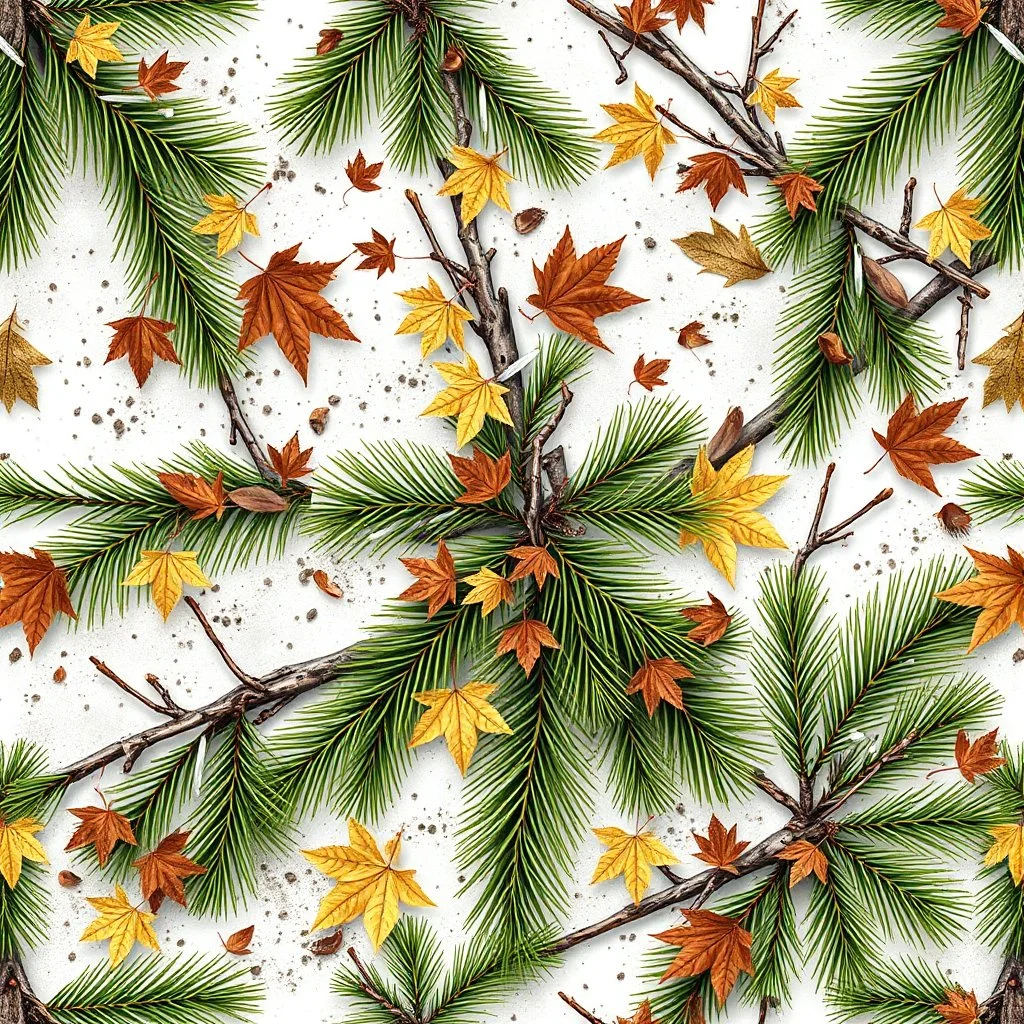detailed Real Tree Camouflage made of green pine branches, dried maple leaves, snow and dirt, white background, seamless repeatable texture camo pattern