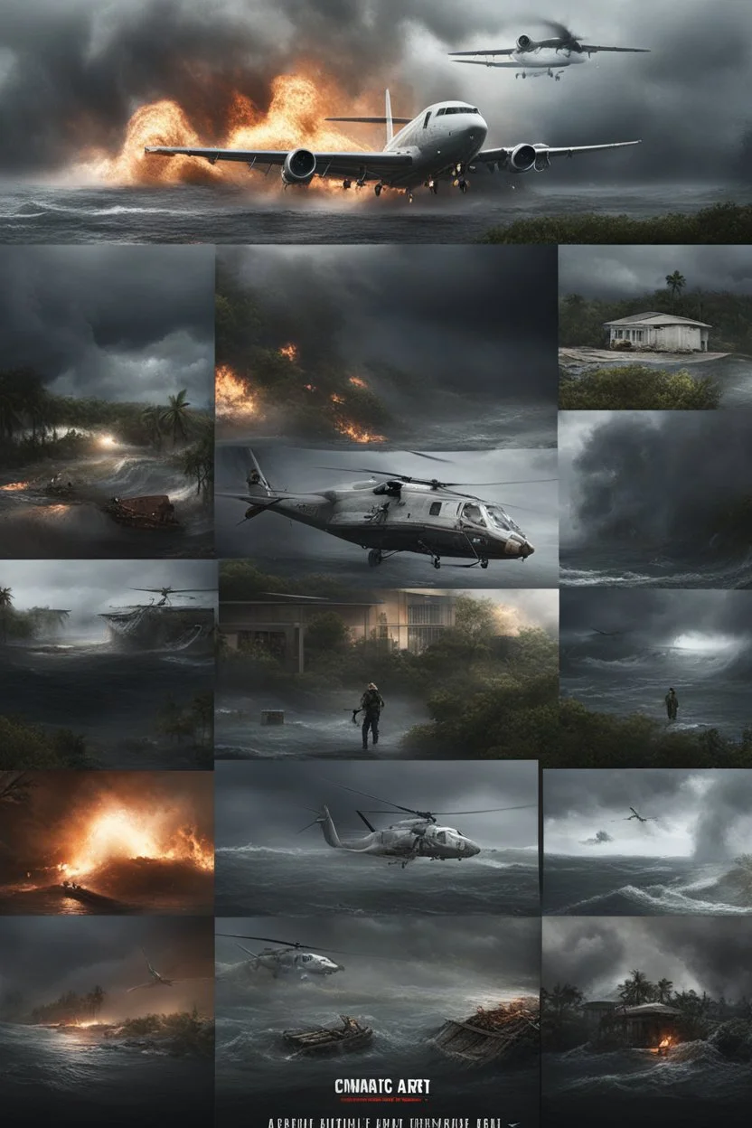 **Cinematic Art:** A suspenseful thriller that follows a team of meteorologists and disaster response experts as they navigate the chaos of a major hurricane to rescue stranded civilians. **Appearance:** Art ideas that encapsulate the essence of emergency evacuation, aid supply, and safety training in the context of hurricanes, typhoons, tornadoes, and cyclones. These ideas aim to promote vigilance regarding the preservation and protection of rights for the global public, communities, societies