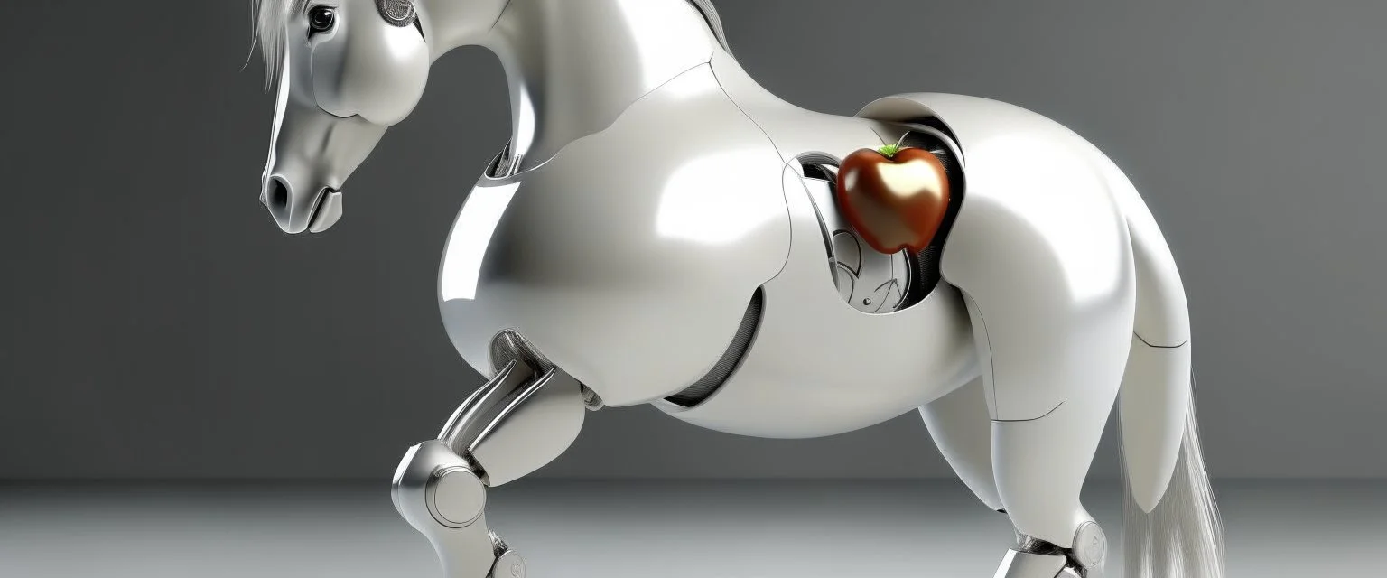 A robotic horse with an Apple logo called “iBots”, suggesting it’s made from an Apple product’s casing. Its glossy white and silver limbs are mechanically jointed, reflecting a scarabet’s anatomy. The design is a creative fusion of technology and organic form, compactly labeled “ibots.” Hyper detailled, hyper realistic, 4K, sharp render