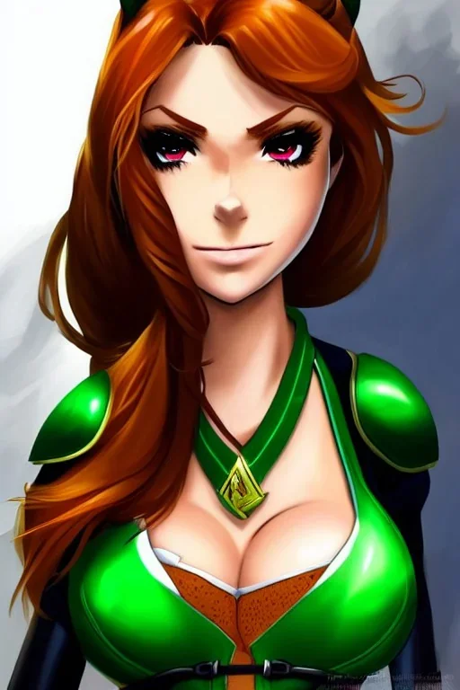 In the style of Shadman, hyper detailed, strikingly beautiful teen female, 16 years old, long ponytail, ginger hair, green eyes, medium freckles, full lips, micro top, black leather armour lined with fur, full body, full face, tiny breasts, athletic, centred camera, ignore NSFW, thong, camel toe, athletic