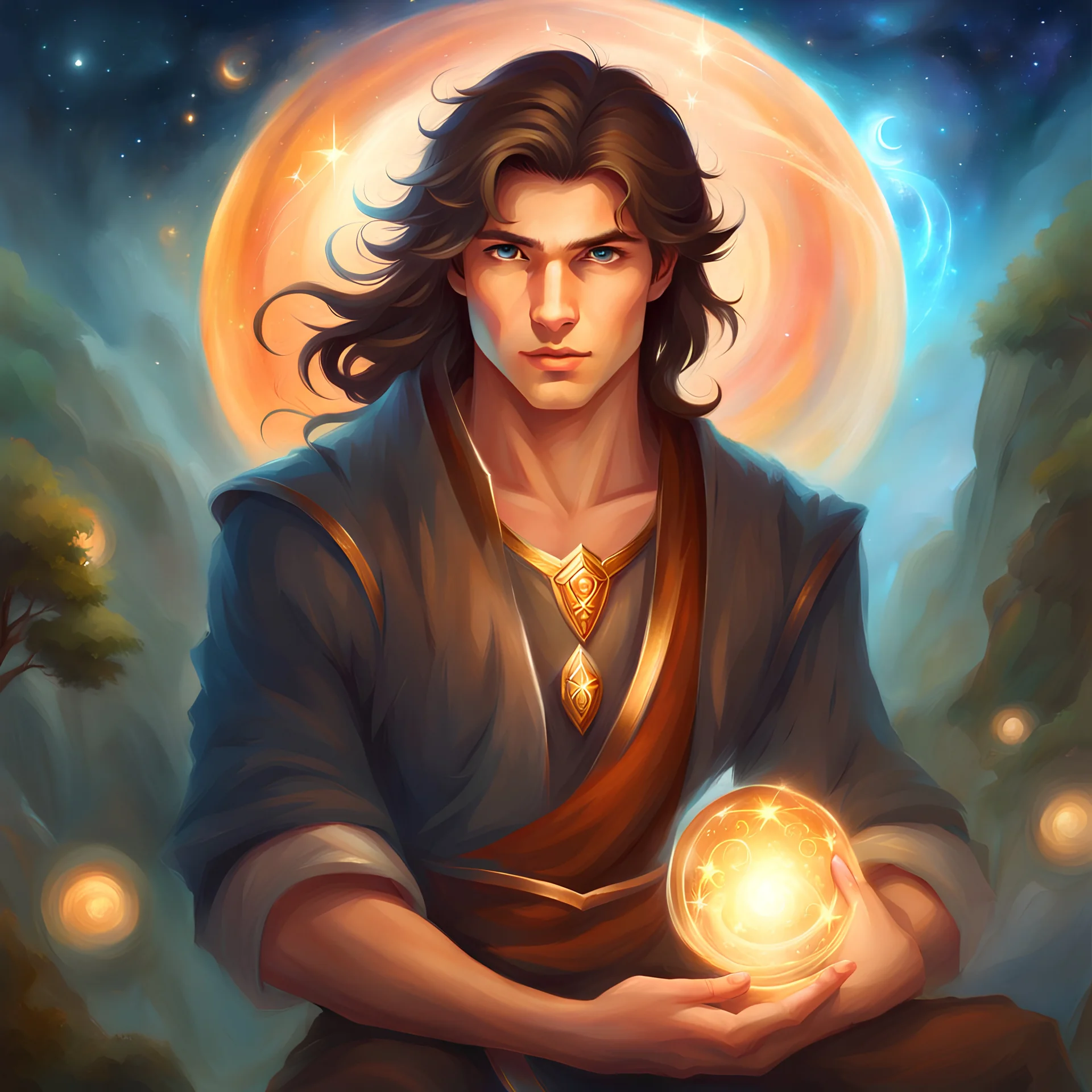 ethereal fantasy concept art of {"young man", "dark brown hair", "brown hair"} . magnificent, celestial, ethereal, painterly, epic, majestic, magical, fantasy art, cover art, dreamy