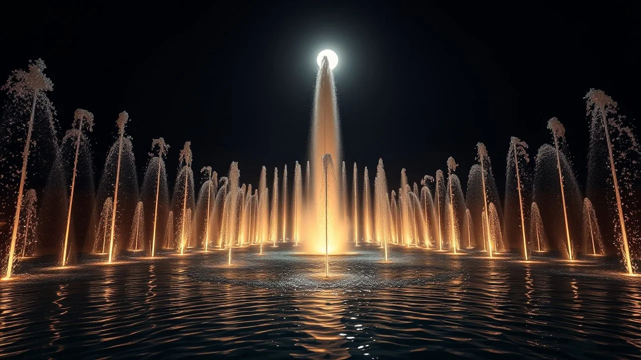 moonlight, sparkling fountains, recreation, relaxation, luxury, magnificent, showers, glistening water spray, charismatic people, dream world, calm beauty, symmetry, fantasy world, magic, splendor, ecstatic, uplifting, inspiring, therapeutic, chiaroscuro, color, award-winning colour photograph, beautiful composition, exquisite detail, Nikon 135mm