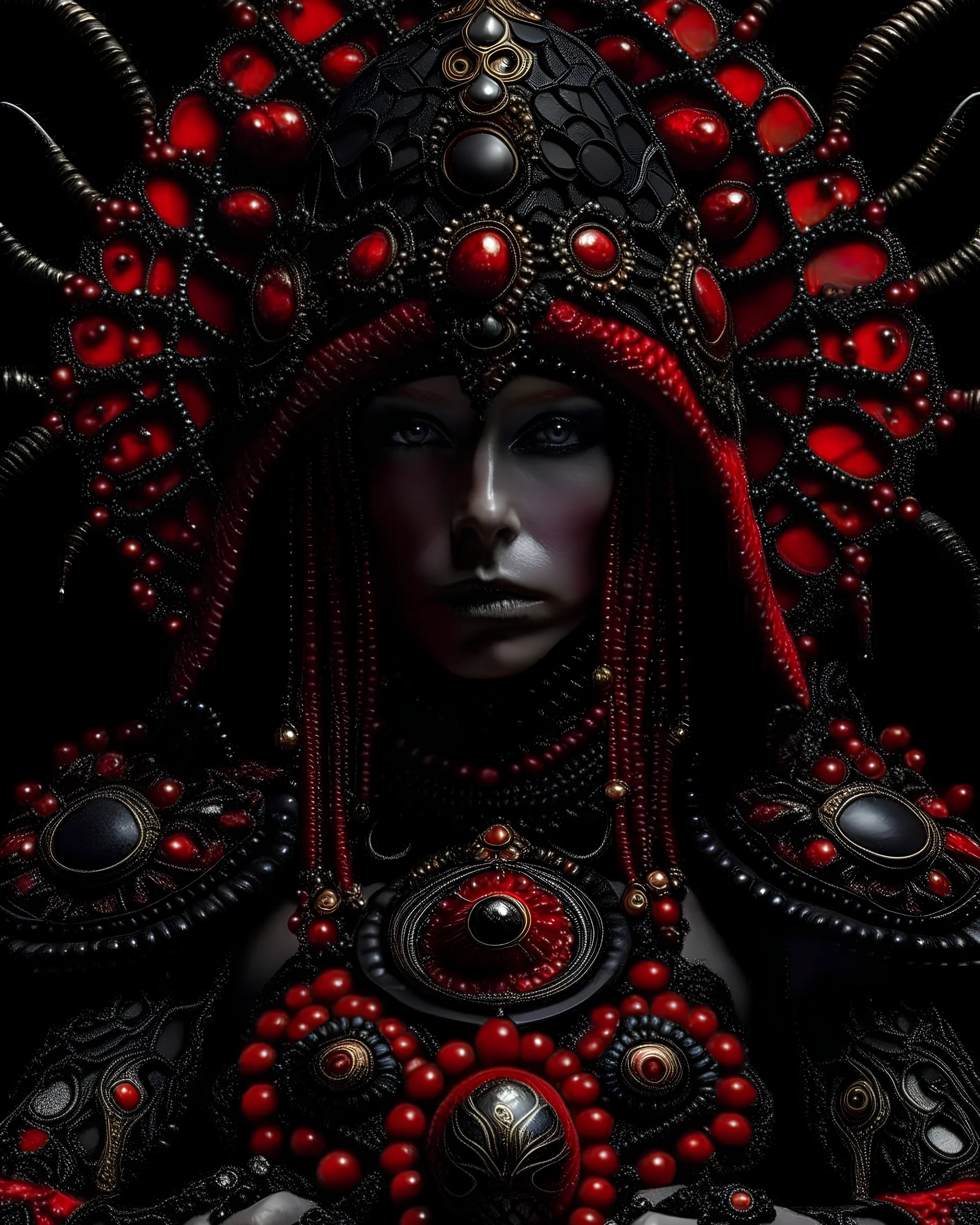 Beautifuk vantablack etherial shamqnism woman portrait adorned with venetian style black mollusk Shell ribbed qnd corqll dlower ribbed headdress wearing venetiqn style baroque corqll red mollusk shell ribbed with red opál masque and costume armour organic bio sinql ribbed detail of full mollusk Shell qnd metallic filigree golden dust background extremels detailed hyperrealistic maximálist concept art