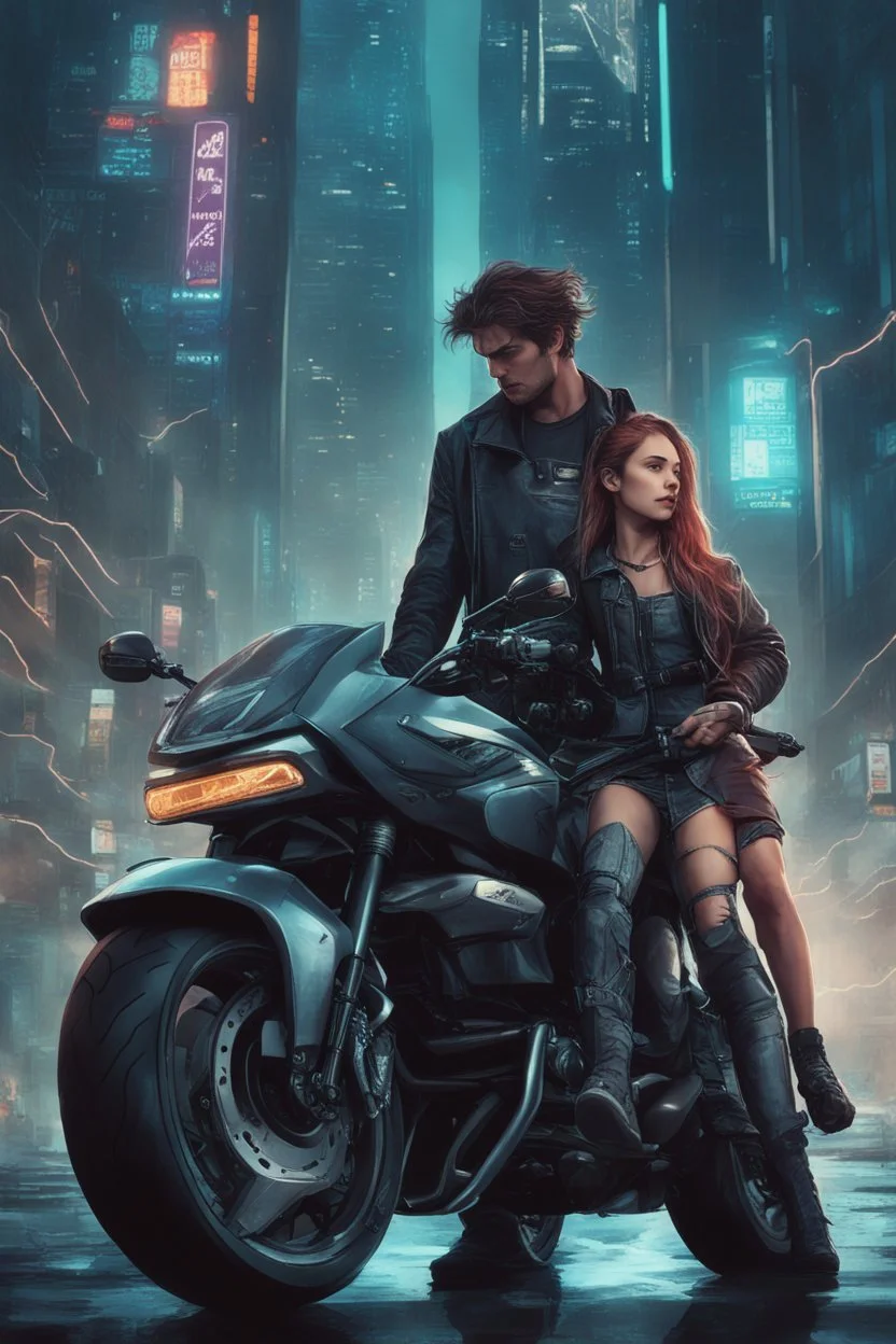 Science fiction, cyberpunk, city street, couple girl and guy, together, love at first sight, forbidden love, storm, lightning, motorcycle