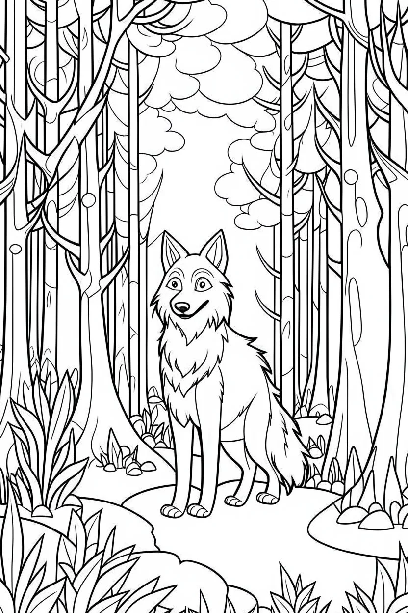 coloring page cute wolf in the forest, Very Simple, very Bold outlines, black and white, no shadows,