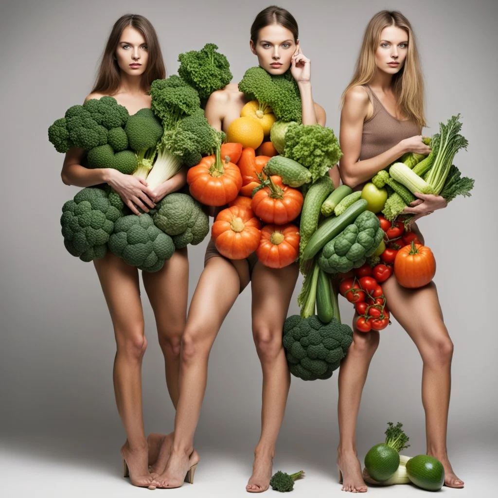 Female fashion models with vegetables.