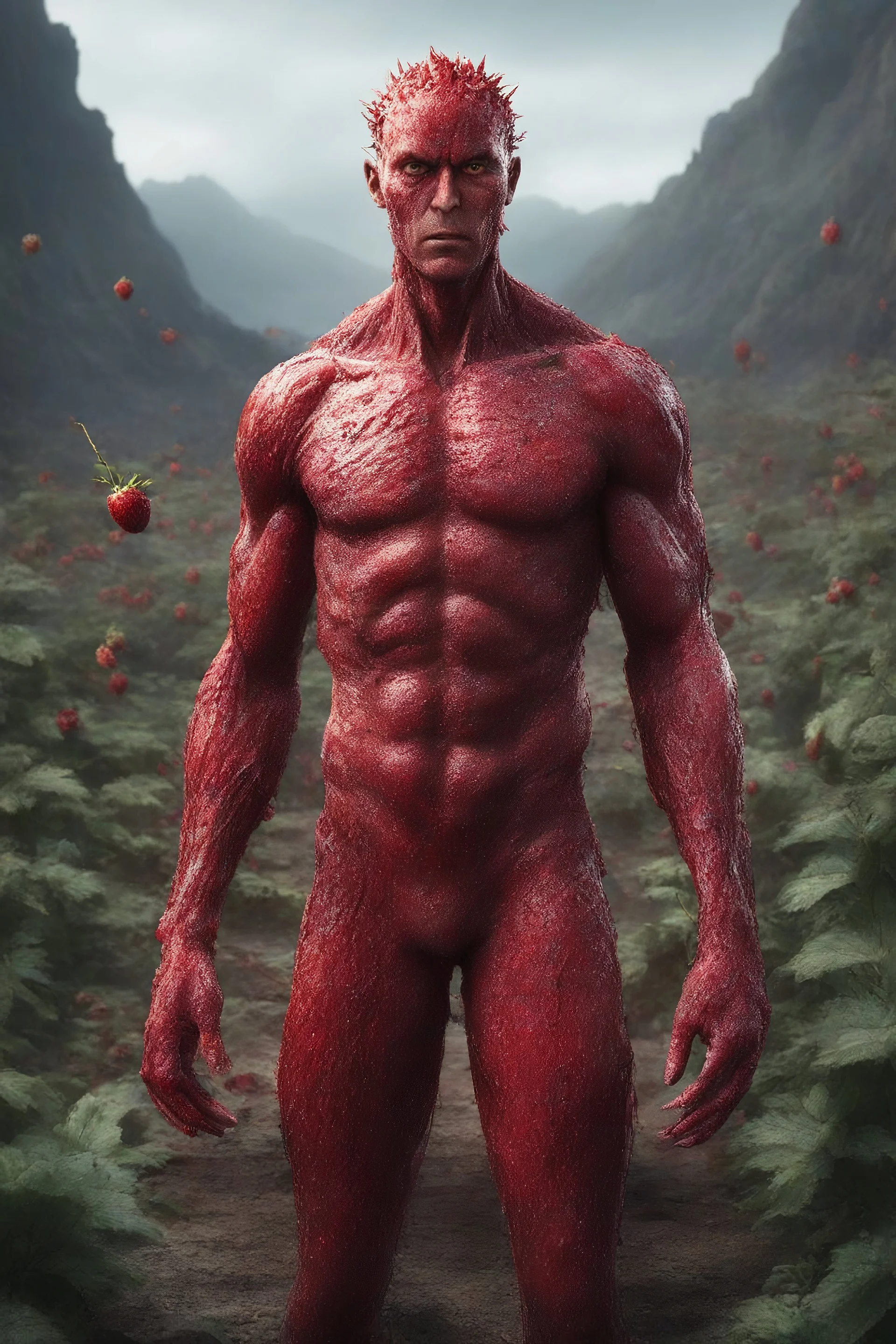 full body portrait, head to toe, imagine in a world made out of strawberries, a 4k UHD strawberry skinned, 1080p strawberry skinned man., at the edge of the Strawberry universe, three million years in the future, an extremely mutated and old Strawberry humanoid being, Volcanic Strawberry Super-man, with wirey, messy, spiked up, long leafy green strawberry hair, burned, scarred and ashy strawberry skin with a lost gaze, bound to the edge of time, wandering aimlessly and alone