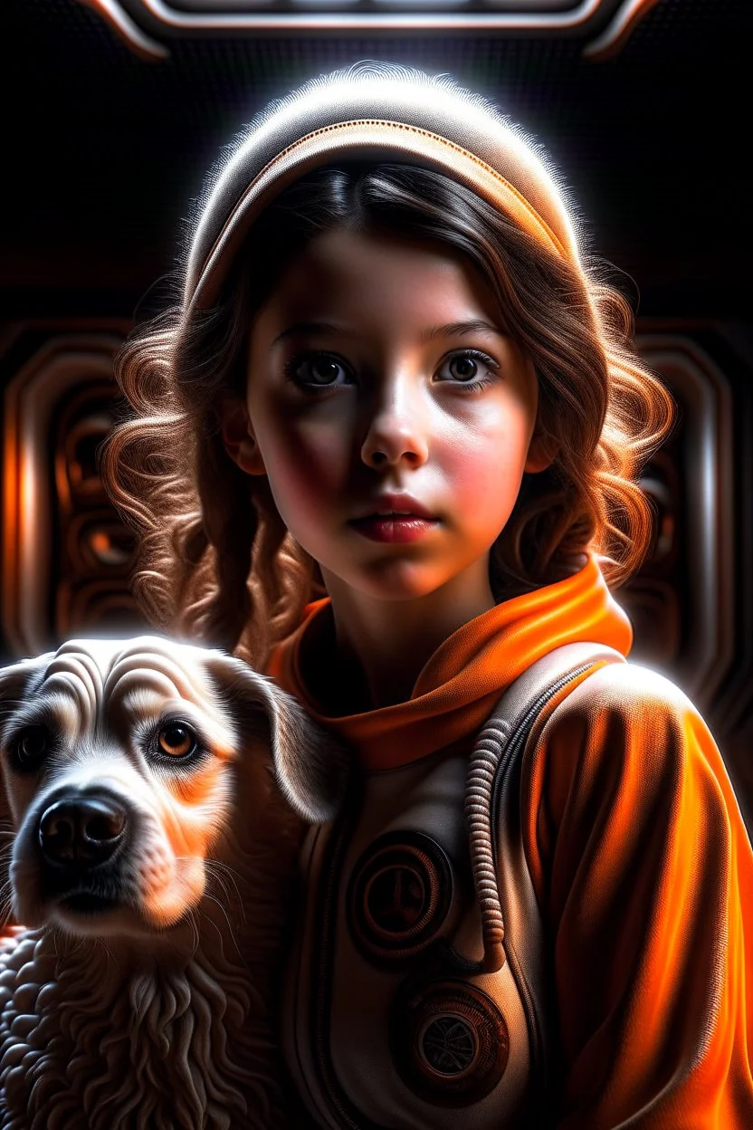 portrait of dog on a karate girl in the style of giger, spraypaint, photorealism, trending on artstation, 8k, depth of field, downlight, lightrays, volumetric, white hall podium, brown and orange