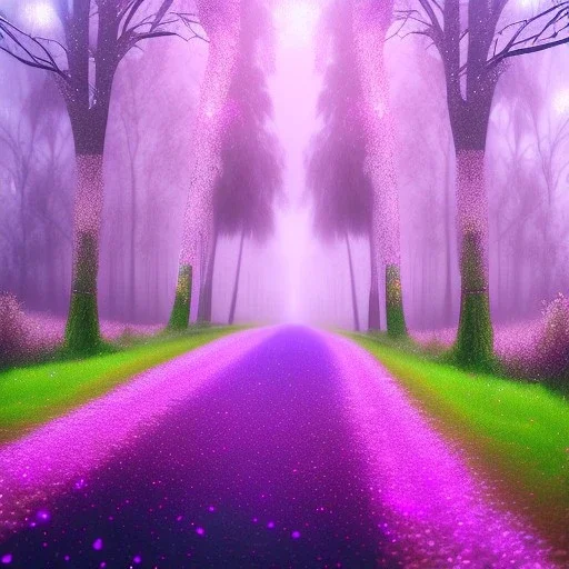 Trees growing pink and purple leaves, glitter, fog, willow, forest, beautiful, magic