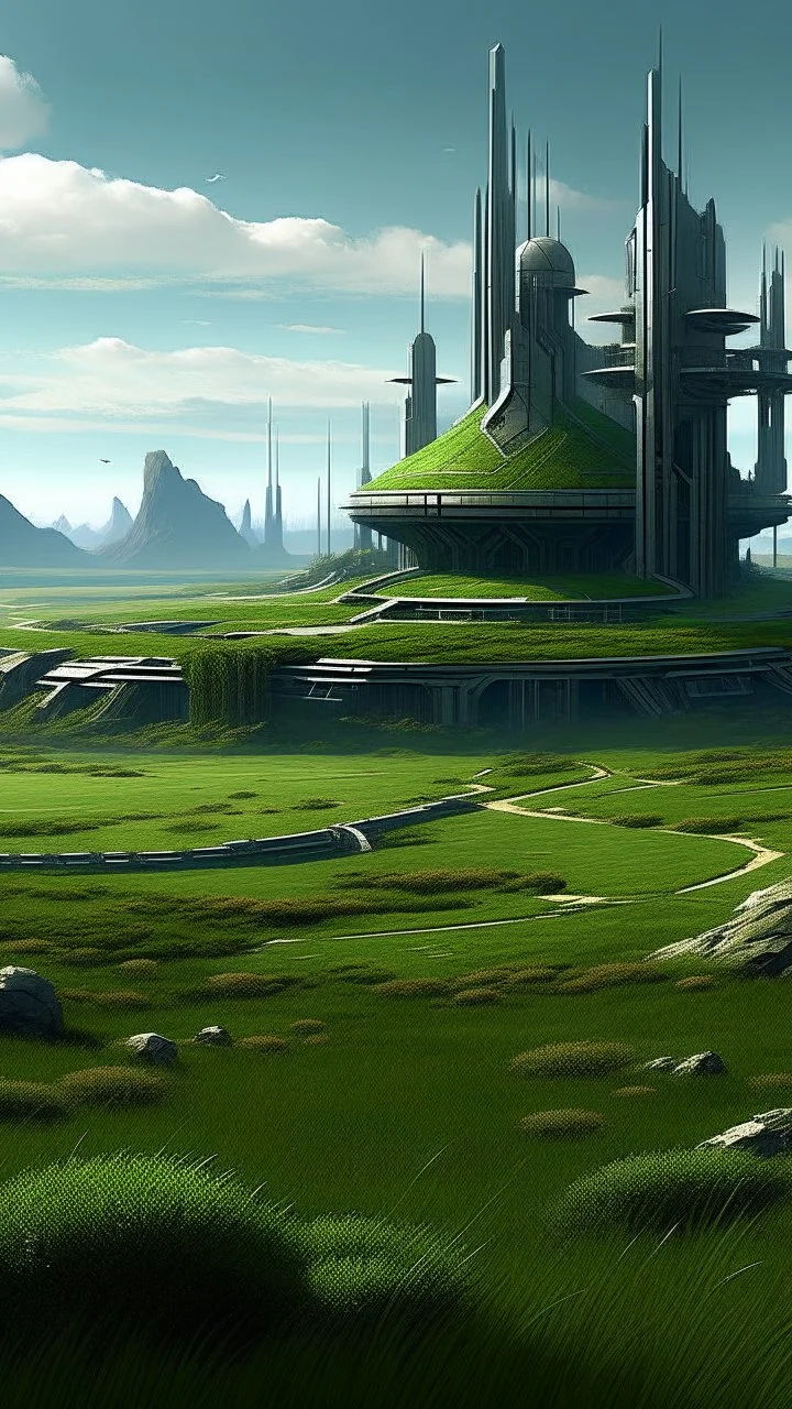 sci fi city, star wars inspired fortress, grassy plain