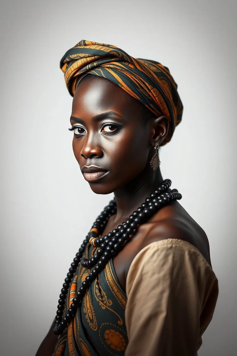 Traditional African man , full body side view, looking at the viewer, white make up on her face, , traditional si, studio photograph, very aesthetic, highly detailed, brilliant composition, hyper realistic, photorealistic, subsurface scattering matt painting