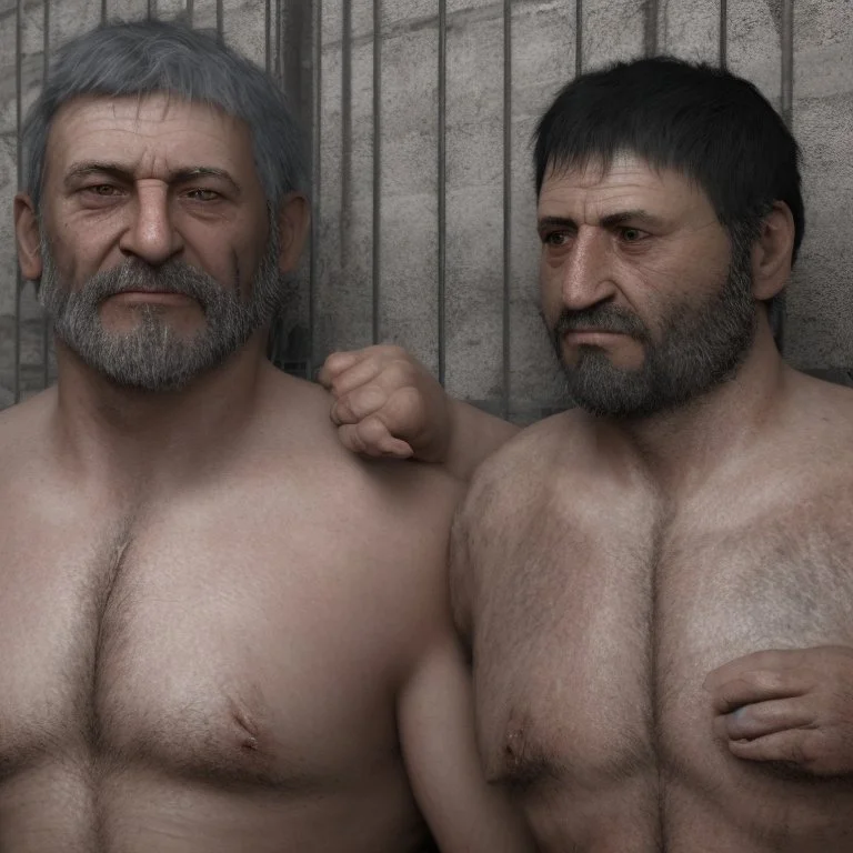 realistic, two italian prisoners 44 years old kissing in prison behind bars, dirty, ugly, bullneck, muscular chubby, in tank top, long hairs, manly chest, misery and poverty, emotive eyes, photo 50mm lens, side view, photorealistic, ultradetailed