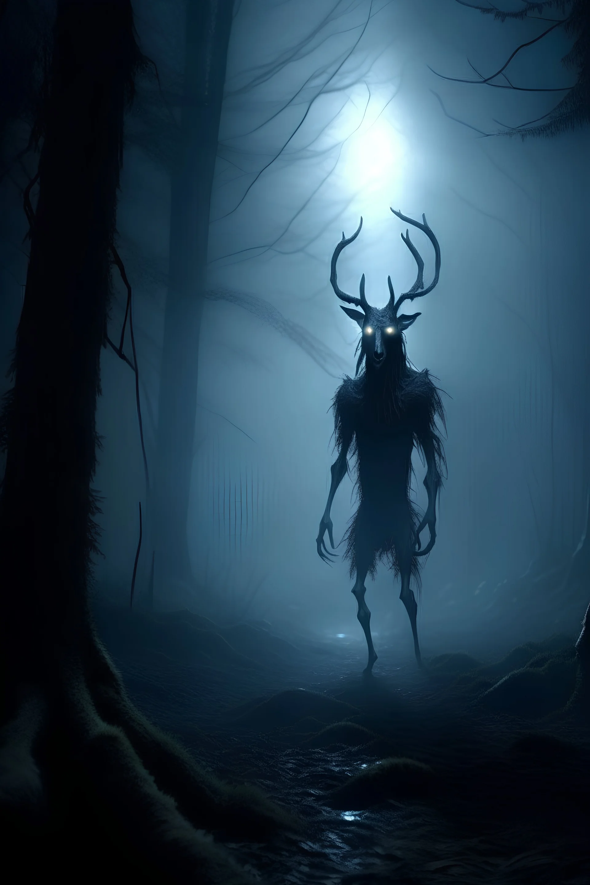 Wendigo in the middle of forest,staring at viewer,creepy fog all-around,grainy found footage style, creepy forest at night ,fine details,