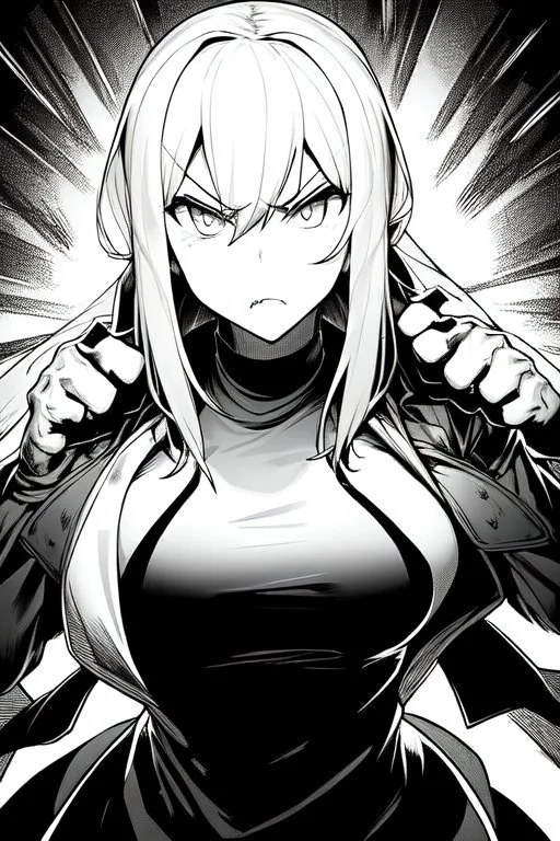 angry blonde girl, angry pose, greyscale