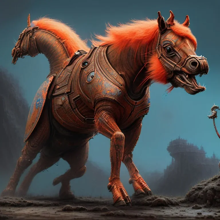 angry horse in orange and blue battle armor, a highly detailed illustration, background of Inka jungle, realistic render, 8 k, micro detail, intricate, elegant, centered, digital painting, Artstation, smooth, sharp focus, illustration, artgerm, tomasz alen kopera, peter mohrbacher, donato giancola, joseph christian leyendecker, wlop, boris vallejo