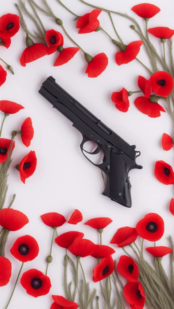 Two gold pistols and a red notebook on a white scarf. A bed of red poppies. Close-up from above.cinematic.dark mood