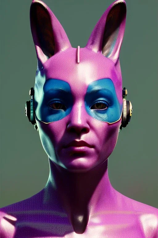 Medium Close Up Portrait, Front image. cyberpunk, rabbit mask, thai woman, pink long hair. latex, glossy suit. Pink, black, white, color. Mad max style. Color background, photo studio. Avatar image, highly detailed, concept art, smooth, unreal engine 5, god rays, ray tracing, RTX, lumen lighting, ultra detail, volumetric lighting, 3d, finely drawn, high definition, high resolution.