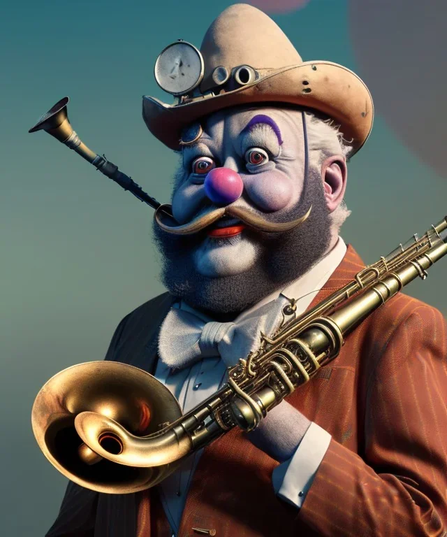 mechanoid old friendly fat clown with trimmed beard playing jazz with a steampunk theme, trumpet, salvador dali