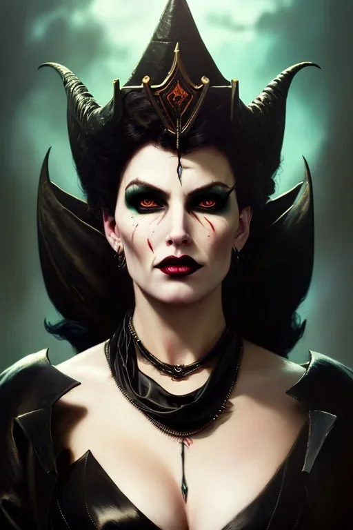 painting of morrigan hel as evil queen in black leather gown, feminie, angry, stern look on her face, emperious, highly detailed, digital painting, artstation, concept art, smooth, sharp focus, illustration, art by gaston bussiere and alphonse mucha