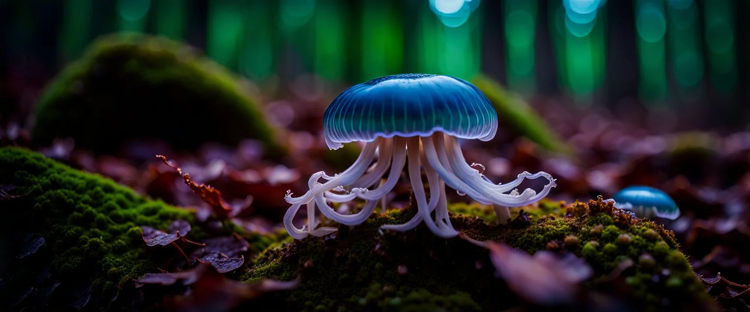 JellyFish Fungus, fungal, forest, Alberta, scientist, Dystopian, Hyper detailed, Realistic, Extreme depth of field, bokeh blur, Alberta all-natural, in the style of candid, imperfection, natural lighting, cinematic, Fuji Film, Anamorphic lens, 2040s, --ar 4:5 --w 150 --style raw