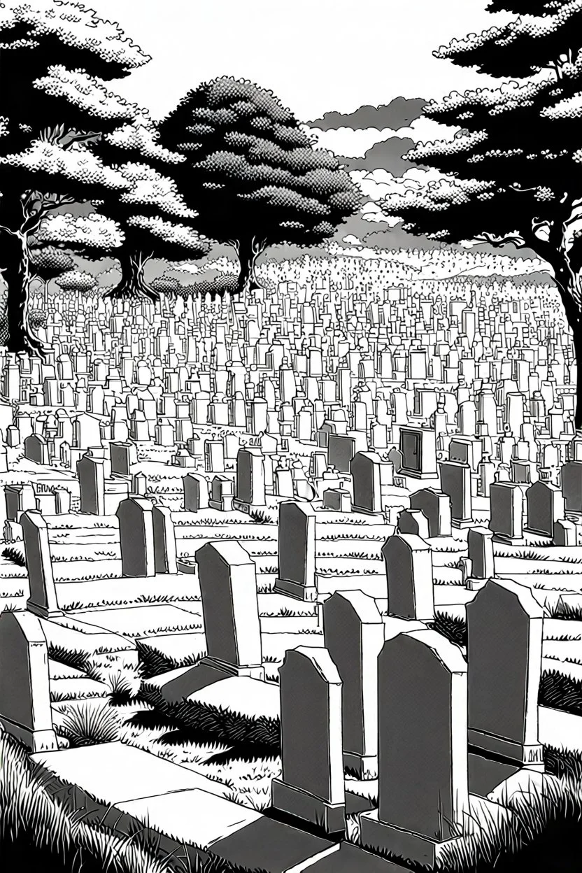 landscape, Japanese open air flat cemetery with thousand gravestones, high detail, manga style, grayscale