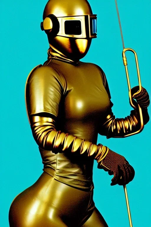 Bronze color, Cyan photograph Cyber-punk, full-mask, AKG-style big headphones, golden rings & disc, fencing mask. Speakers. Kim Kardashian, sword, lightly armored, electronic circuits. Thick tights, thick calves, arched fell, wide hip, flat belly. Ancient artifact attached. Perfect body. 5-dimensional Escher tiling background. Daft Punk, Tron Movie. Matrix movie clothes, Red leather areas, tippet, latex. Wicked sneakers. 1990's, old telephone microphone. Surreal. Minimal fashion Futurism