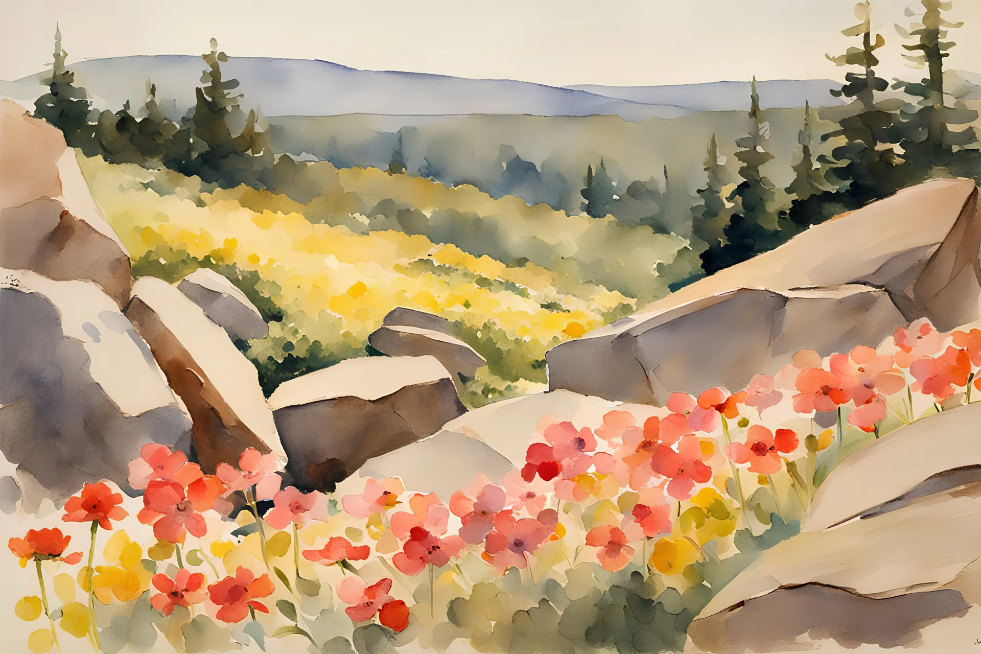 Sunny day, flowers, rocks, mountains, spring, winslow homer watercolor paintings