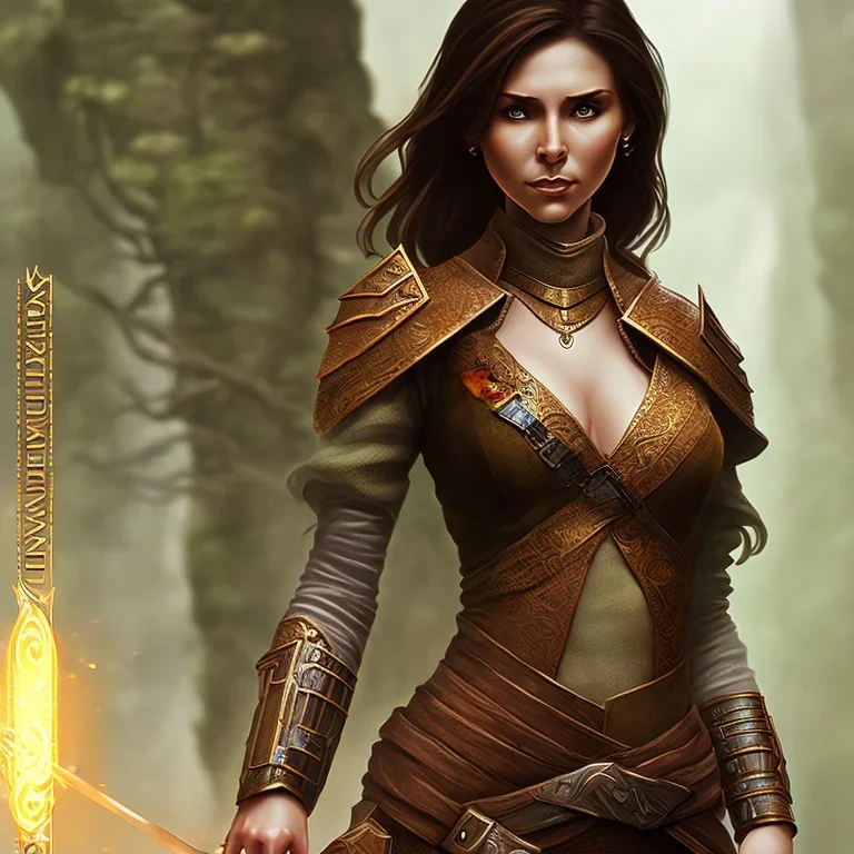 dungeons and dragons, female human, druid, brown hair, brown eyes, full body, realistic face, short hair, facial scarring, light skin