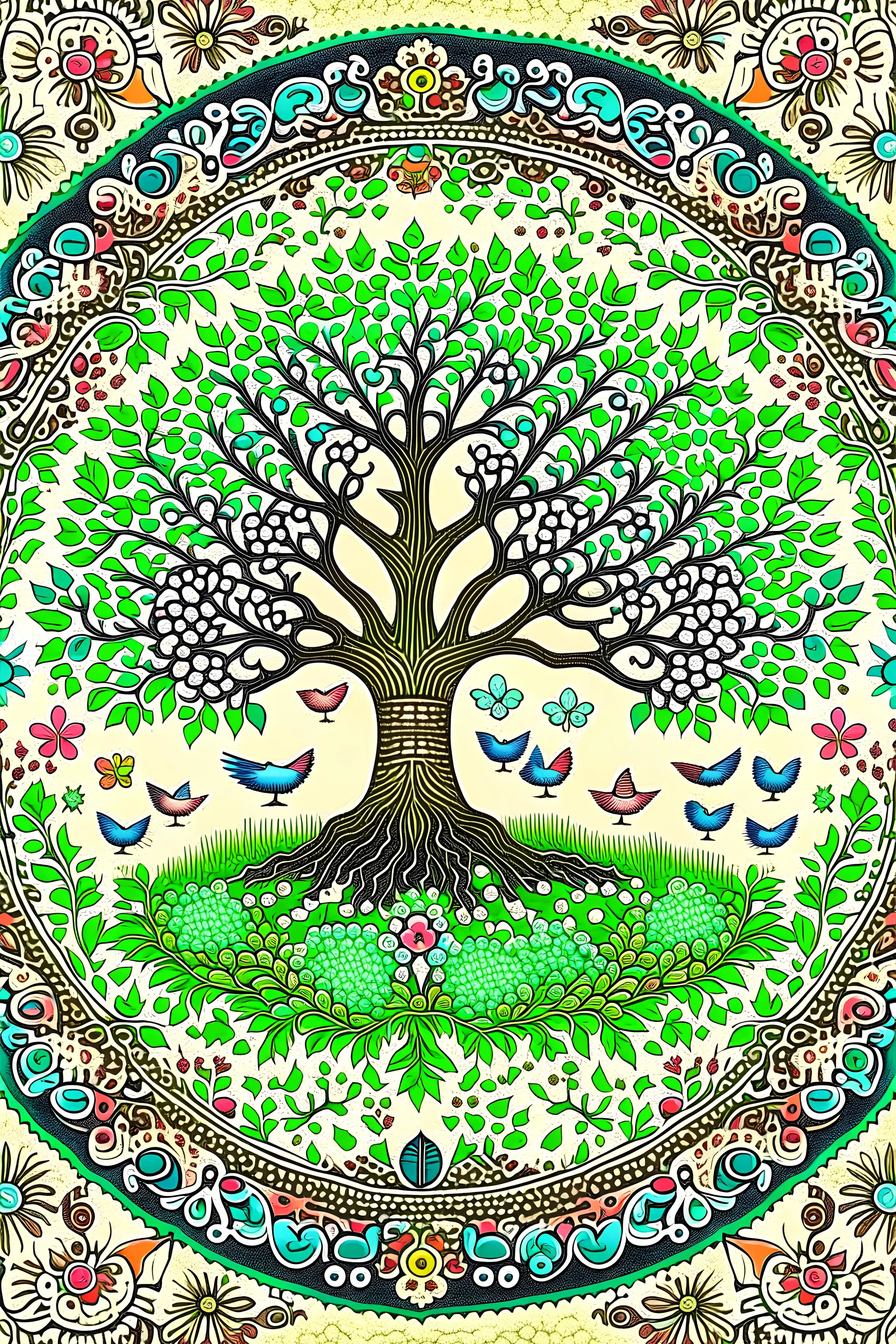 A serene and peaceful scene with a tree of life mandala at the center, surrounded by blooming flowers and flowing rivers, representing the harmonious balance of nature.