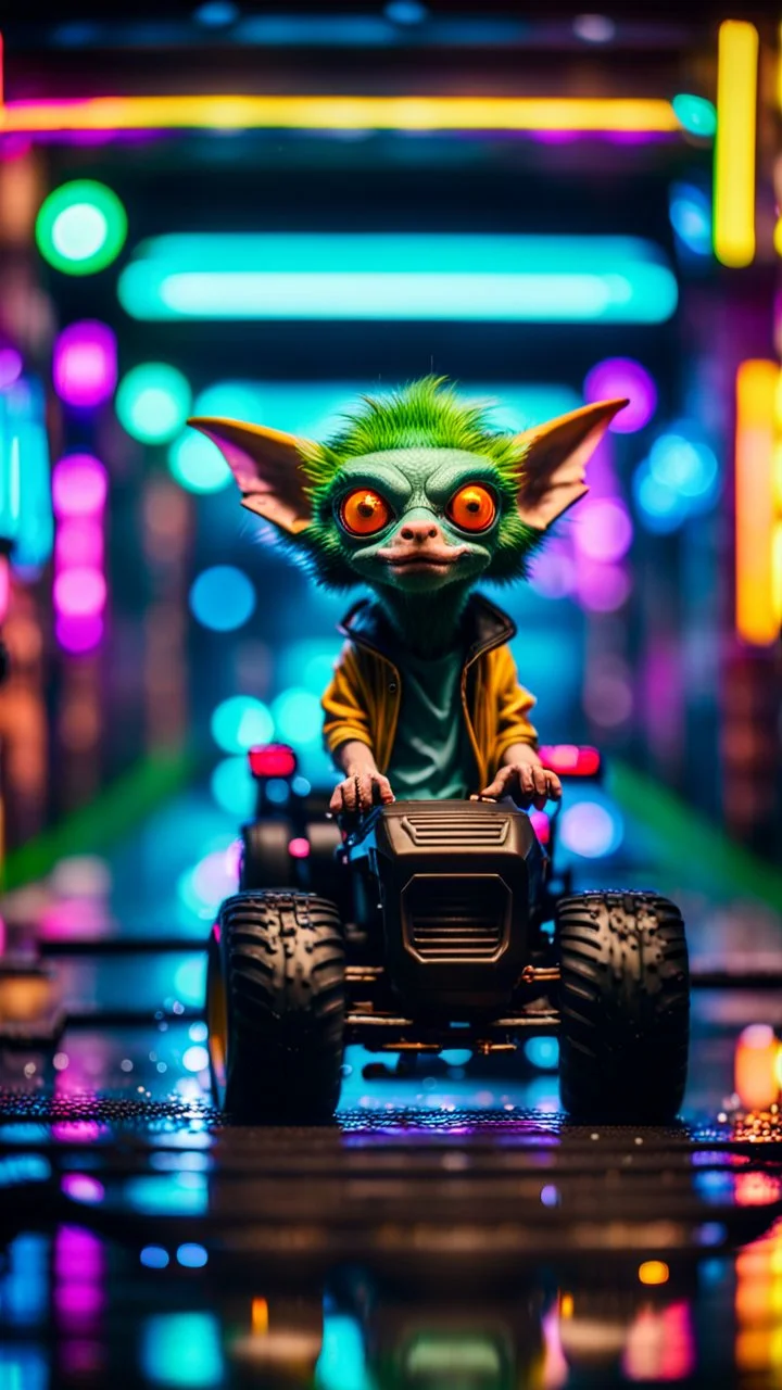 portrait of water wolf Gremlin myth buster pimp ninja yoga cyber punk in flying hipster lawn tractor parked in dark neon lit reflective wet arcade hall tunnel,bokeh like f/0.8, tilt-shift lens 8k, high detail, smooth render, down-light, unreal engine, prize winning