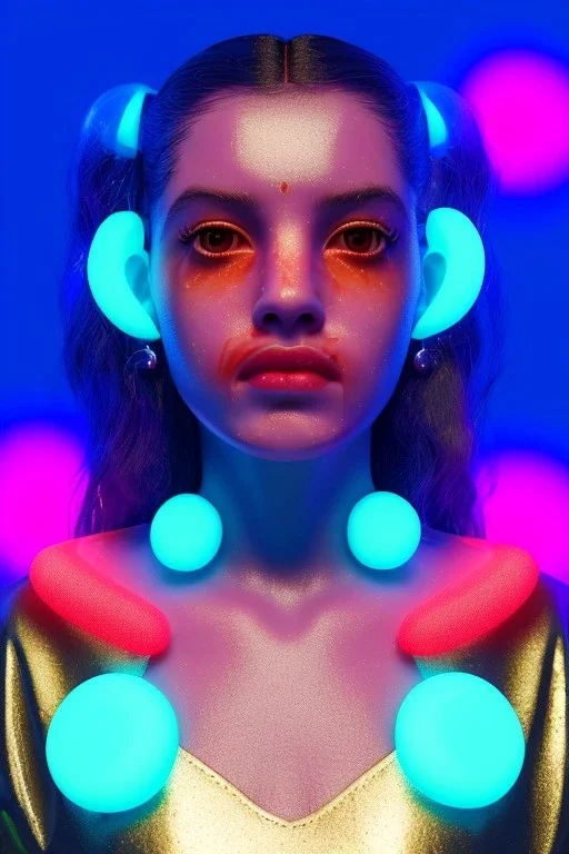 Rosalía artist, Realistic image, natural waist up portrait, perfect eyes, glow, circle iris, eye liner. Angry face, pigtails hair, spray line make up, glow. lips, gold. big rings piercing, led ornament, pearls. coat, latex, inflatable, hot, led lights, minimal, neon, pink, blue, gold, vibrant color, highly detailed, art stations, concept art, smooth, unreal engine 5, god lights, ray tracing, RTX, lumen lighting, ultra detail, volumetric lighting, 3d, finely drawn, high definition, 4k.