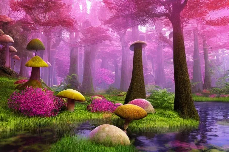 Fantasy dreamworks Paysage forêt maison dans les grands arbres avec champignons roses et une rivière bordée de grandes fleurs roses, lumiere volumetrique unity engine