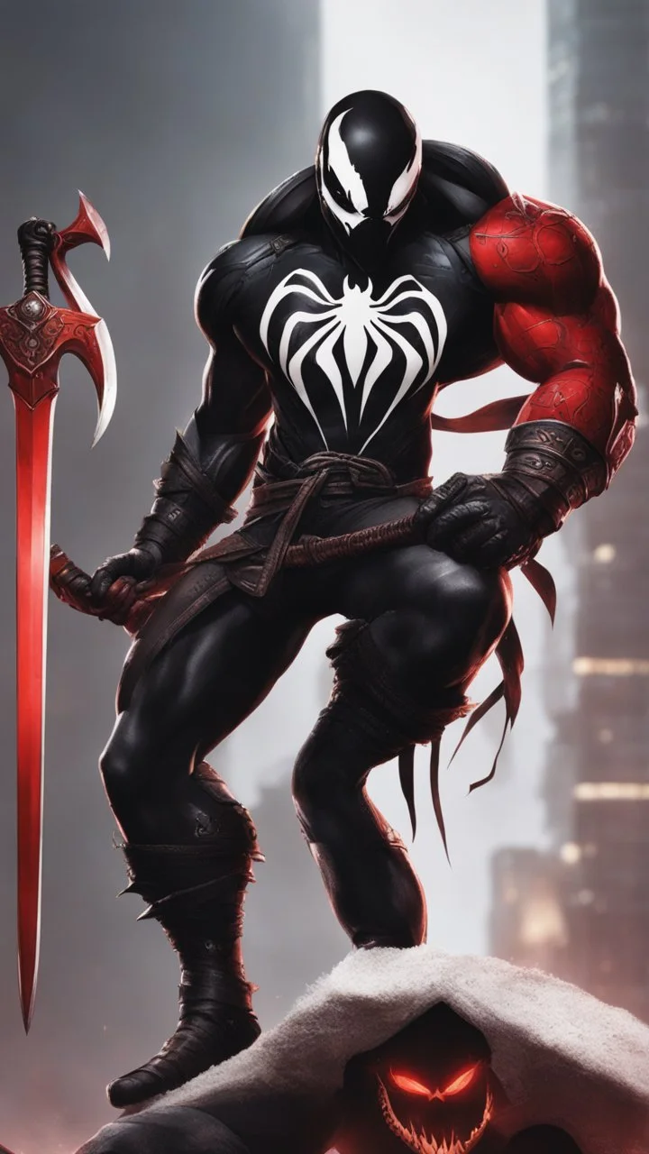 A close picture of Venom symbiote with kratos red tattoos and Clothes, holding blade of choice