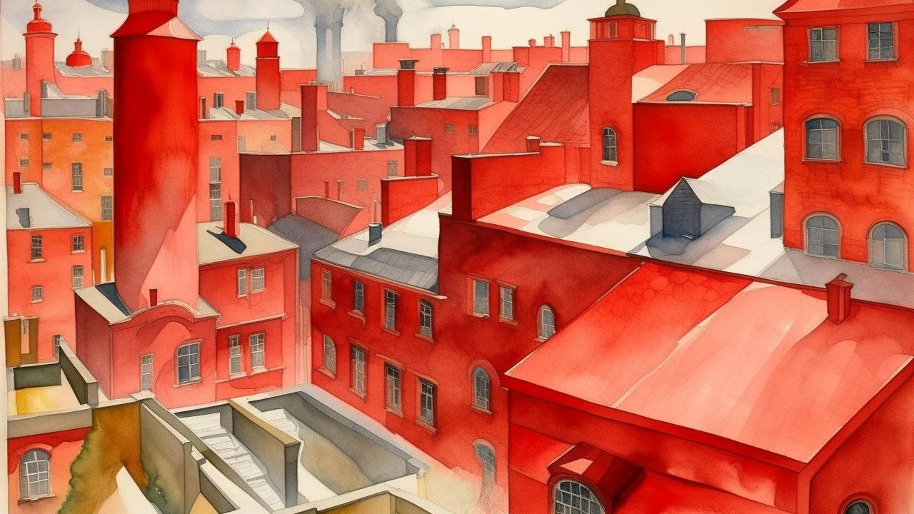 This image is a detailed, colorful watercolor painting by the artist Charles Demuth. It depicts a complex urban scene with a focus on the interplay of architectural elements and light. The composition features a variety of buildings, predominantly brick structures with red and brown hues, creating a warm, textured backdrop. The foreground shows a steeply pitched roof with red tiles, partially obscured by a white flag that billows in the wind, adding a dynamic element. The background includes a m