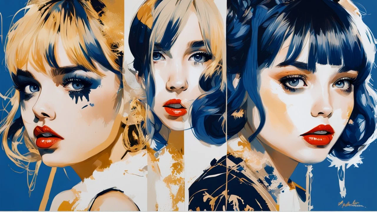 Poster in two gradually, a one side the Singer Danish MØ face and other side the Singer Melanie Martinez face, symmetry, painting by Yoji Shinkawa, darkblue and gold tones,