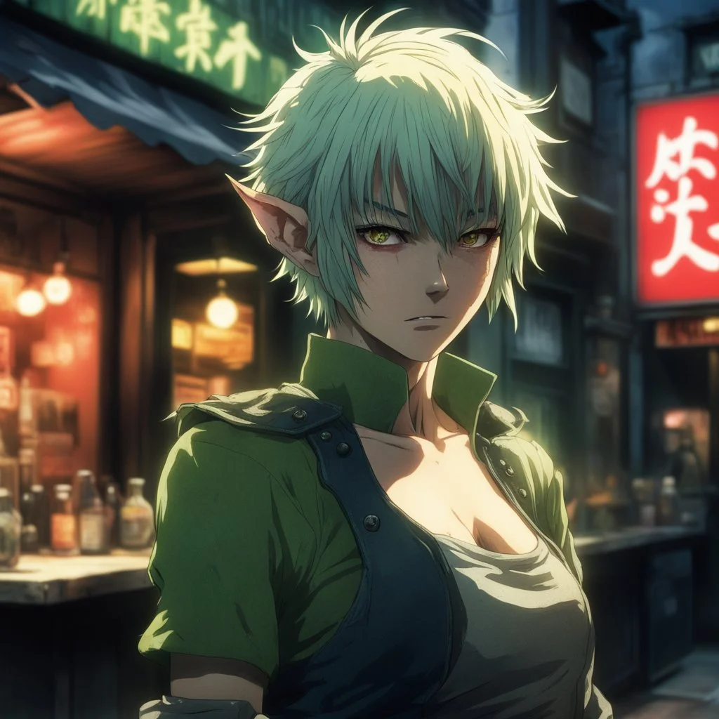 [Dorohedoro] Nikaido as a short hair elven ready to fight in front of her restaurant, backlight, high resolution photo