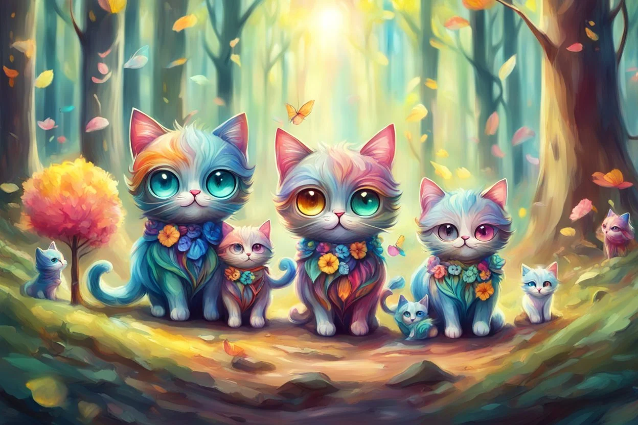 Cute chibi colourful Glass cat family on an excursion in the forest, may pole in style of Mariya Markina, digital painting; fantasy; very attractive; beautiful; high detail; cinematic postprocessing; acrylic art in sunshine