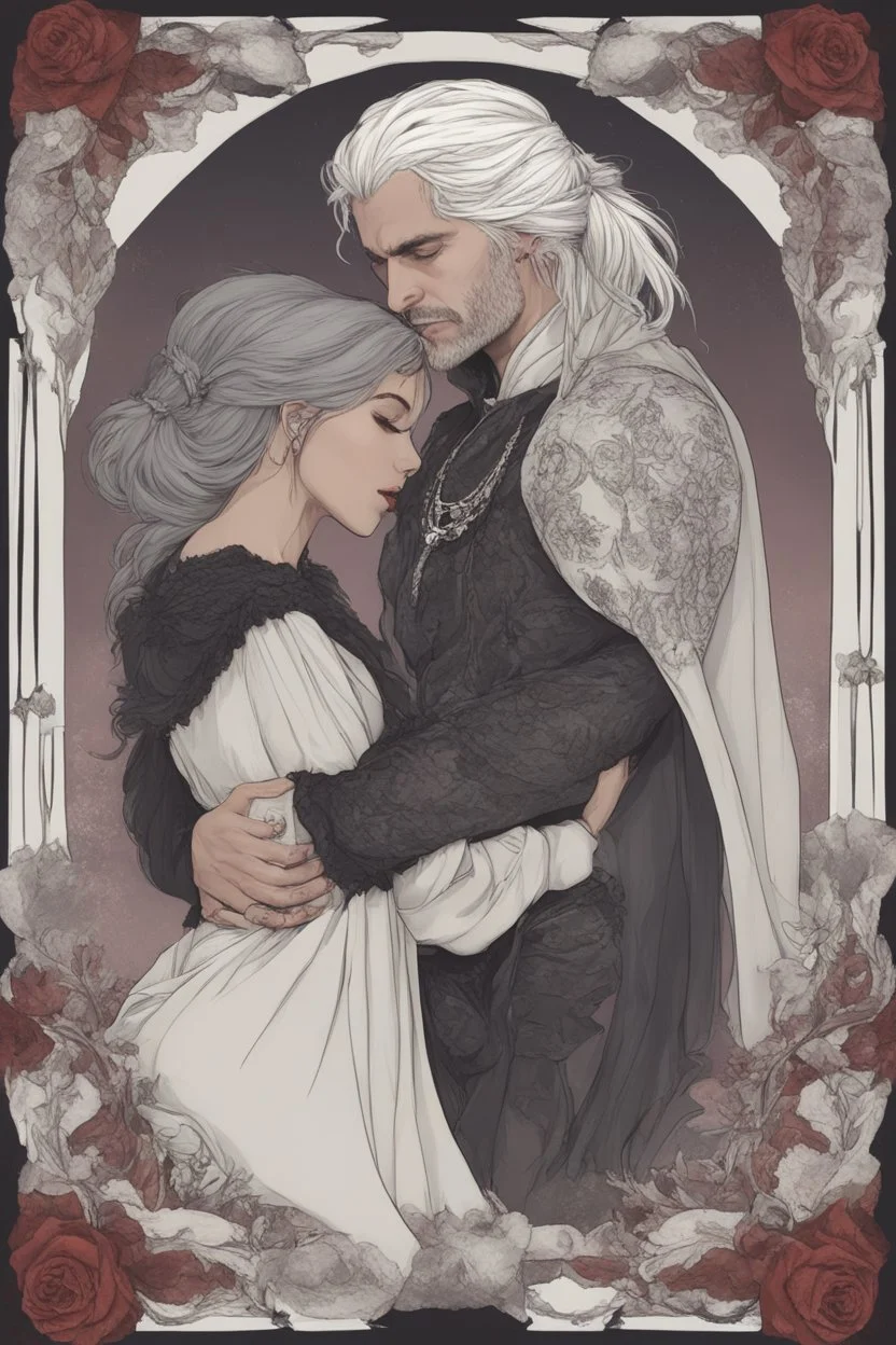 Strahd Von Zarovich being kissed by a beautiful woman with white hair, wearing an off the shoulder dress. Settling and background are a lavish toomb with an ebony coffin.