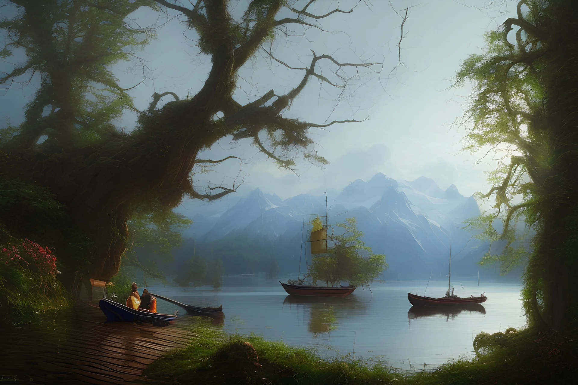 Peder Monk Monsted styl, trees, flowers, light, lake, boat, mountains