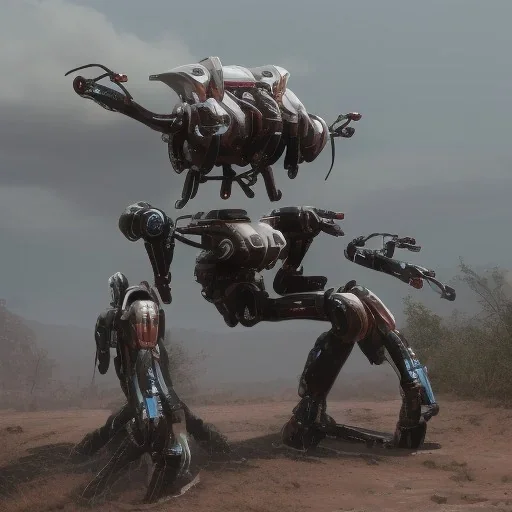 Mecha with metal spider legs his hands are machine guns. Driver is animal